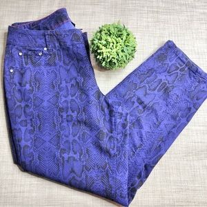 Lane Bryant purple python jeans, rhinestones, slim/ straight leg, 11” rise